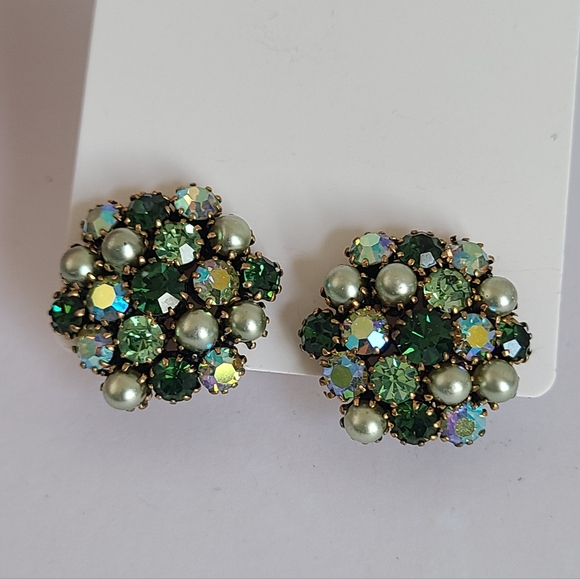 Vintage Mid Century Mod Gold Green Crystal AB Rhinestone Chunky Clip-On Earrings - Picture 2 of 9